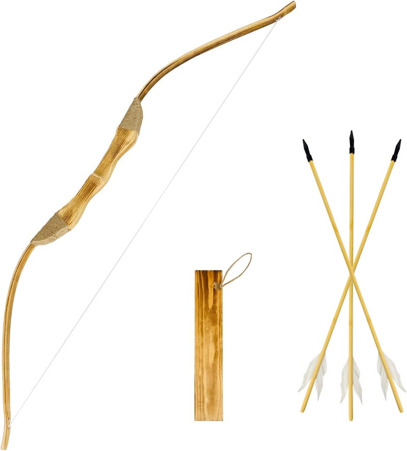 Basbon Youth Wooden Bow and Arrow Set, 40 Inch Handmade Wooden Bow and Arrow Cosplay Costume Prop Archery Set Games Toys, 1 Bows 1 Quivers and 3 Feather Arrows, Gifts for Kids Youth Boys and Girl - Image 1